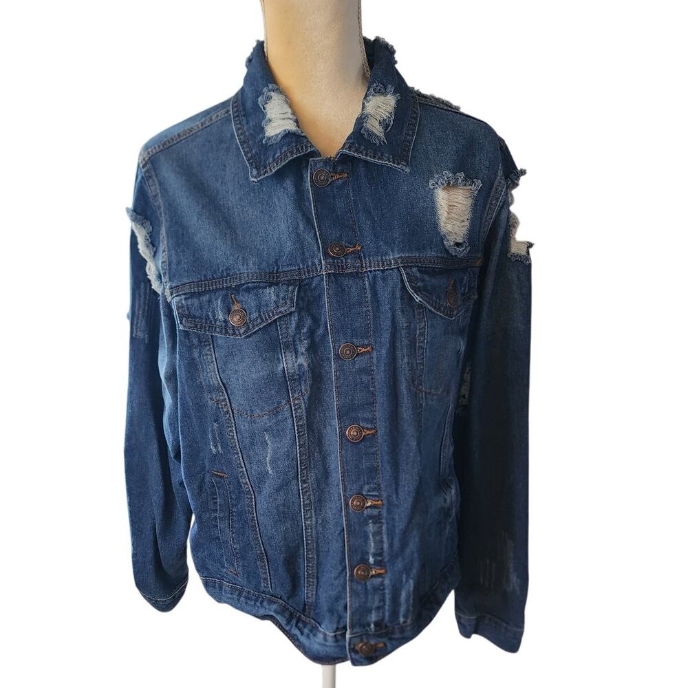 Almost Famous Women's Distressed Frayed Cropped Denim Jean Jacket Plus 2X